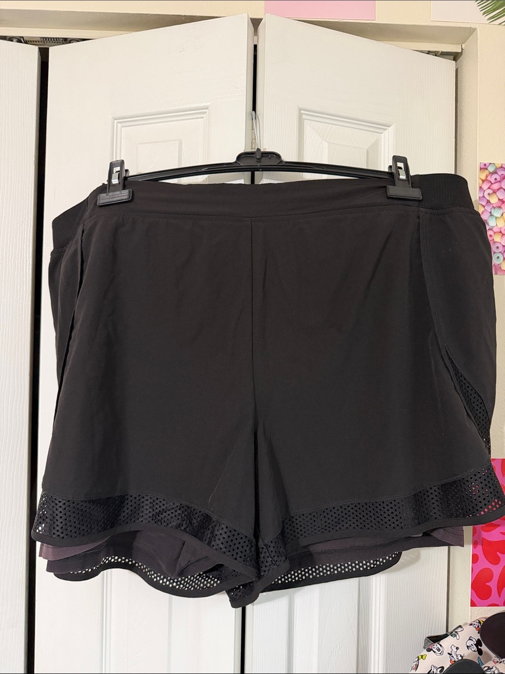 Black Women's Athletic Layered Shorts with Mesh Hem